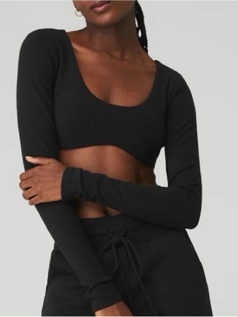 ALO Yoga Black Long-Sleeve Scoop Crop Top